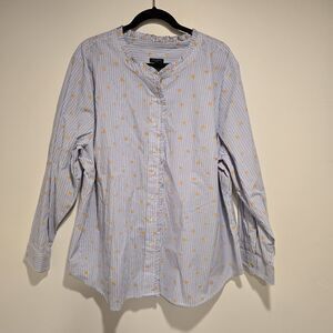 Talbots Size 3X Ruffle Band Collar Poplin Button Down Stripe Gold Heart Cotton